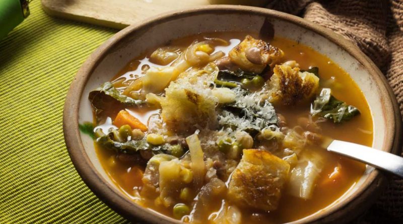 Vegetable Soup in Brown Bowl with Medicated Croutons